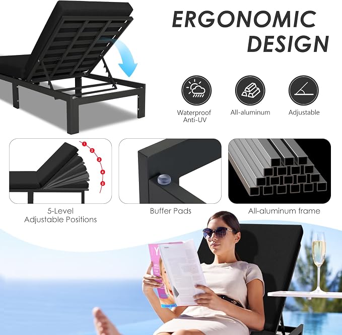 RADIATA 9 Pcs Extra Large Modern Aluminum Outdoor Furniture Set with Lounger & Fire Pit Table, 29 inch Deep Wide Couch Set, 500 lbs Heavy Duty Comfortable Patio Sectional Sofa for Edge of Pool, Black