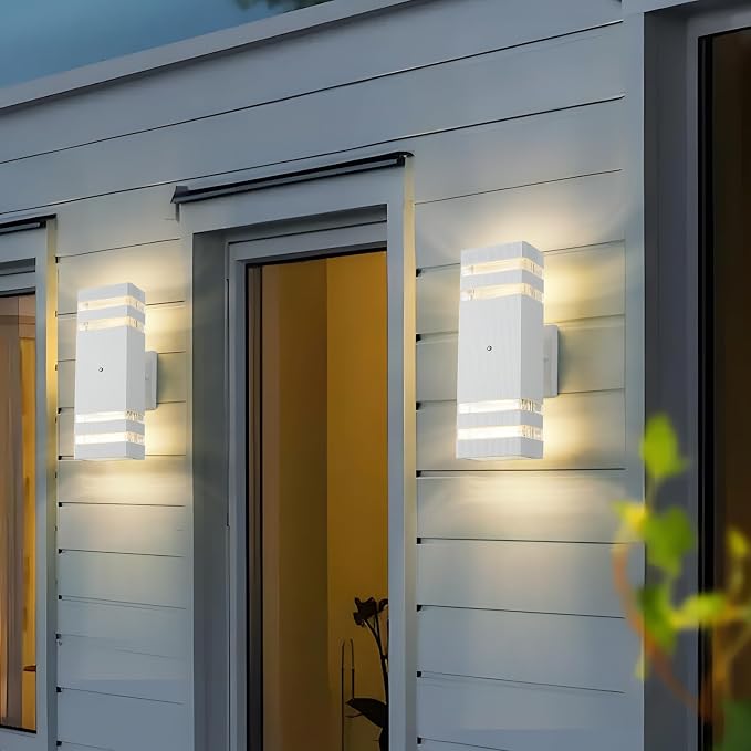 Dusk to Dawn Outdoor Wall Lights 2 Pack, White Up and Down Exterior Wall Light Fixture Outdoor Lights for House Hallway Garage Entryway