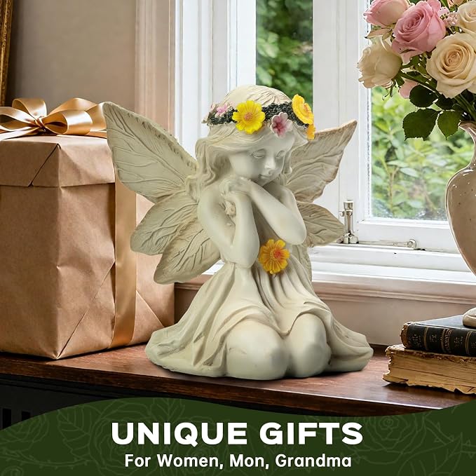 Solar Angel Garden Statue Outdoor Decor for Mother's Day, Fairy Figurine with Garland Flower Light, Cemetery Decoration for Grave, Yard, Patio, House Warming Birthday Gifts for Women, Mom