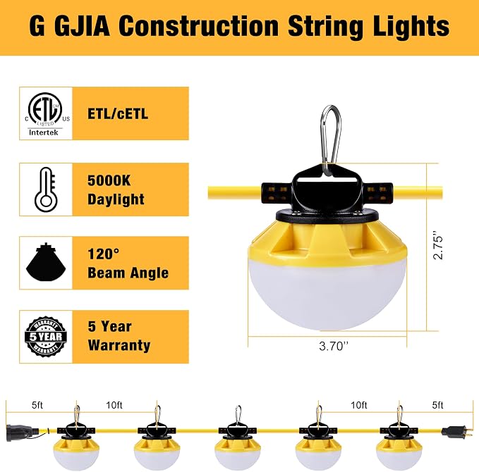 50FT LED Construction String Light, 50W 6000Lm,18AWG Wire,5000K Linkable String Work Lights with 5 Bulbs & Hooks, Industrial Temporary Lighting for Construction Site, Crawl Space,Job Site,Attic