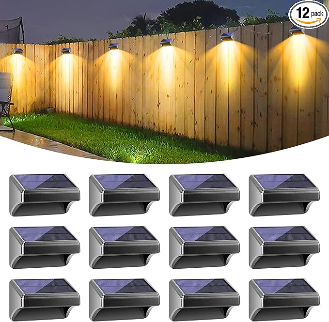 Bridika Solar Fence Lights, Fence Lights Fence Solar Lights Outdoor Waterproof Warm White & Color Glow LED Solar Lights for Backyard, Patio, Deck Railing, Stair Handrail, Pool and Wall (12 Packs)
