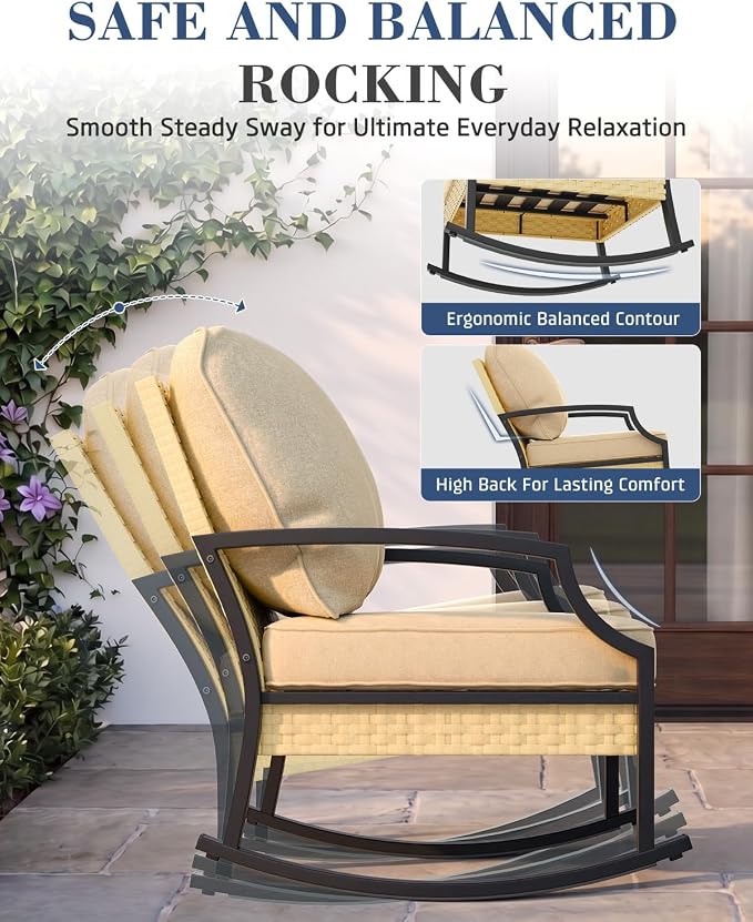 AECOJOY Patio Furniture Set, 4-Piece Wicker Rocking Conversation Set, Beige | 3mm Rust-Resistant Steel, 5-Inch Cushions, 2 Rocking Chairs and Coffee Table for Porch, Garden, Lawn and Backyard
