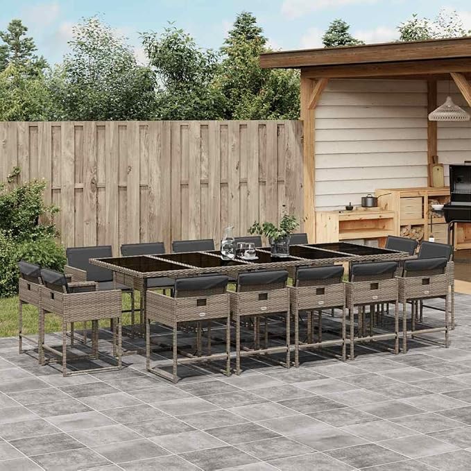 15 Piece Patio Dining Set with Cushions Gray Poly Rattan Outdoor Furniture Table and 14 Chairs for Backyard Garden Deck Entertaining UV Proof Glass Top