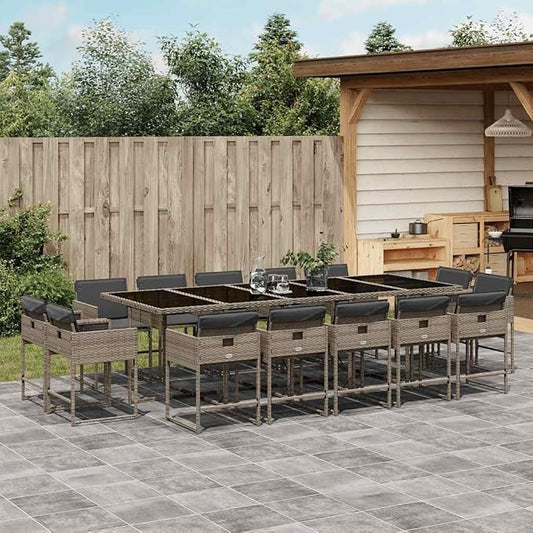 15 Piece Patio Dining Set with Cushions Gray Poly Rattan Outdoor Furniture Table and 14 Chairs for Backyard Garden Deck Entertaining UV Proof Glass Top