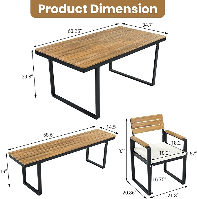 RUNNA Outdoor Dining Set, Acacia Wood,1 Table with 4 Chairs & 1 Bench for 6-7 Person,Comfortable Cushions on Chairs,Adjustable Feet, for Patio, Garden,Backyard Dining (Beige#55)