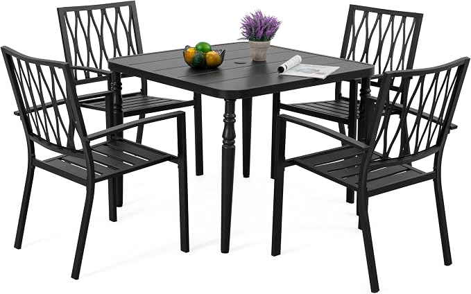 NUU GARDEN 5-Piece Outdoor Patio Metal Dining Set - 4 Stackable Chairs & 37" Square Table with Umbrella Hole, Weather-Resistant Low-Maintenance Furniture for Yard Porch Poolside Garden, Black