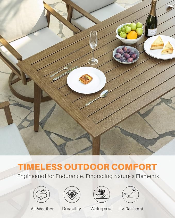 Never-Rust Outdoor Patio Dining Table for 8, 84.6"x38" Outdoor Aluminum Dining Table with 2.2" Umbrella Hole, 8 Person Patio Furniture Dining Table for Garden, Backyard, Porch, Teak
