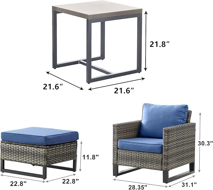 Rilyson Luxury Wicker Outdoor Patio Furniture Set of 5-5 Piece Patio Conversation Set with Ottoman*2, Wicker Chairs*2, Metal Side Table*1 for Outside Porch Deck Backyard Garden(Mixed Grey/Blue)
