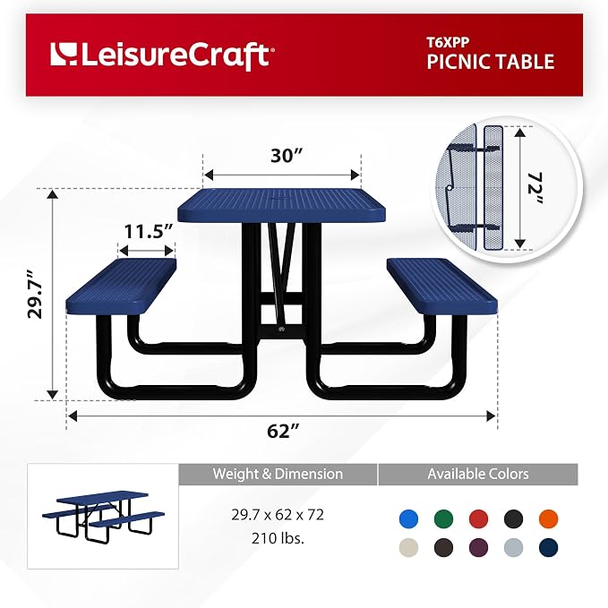 Leisure Craft Metal Picnic Table with Bench - 6 ft Rectangle Outdoor Dining Table for 6, Umbrella Hole, Weatherproof Heavy Duty Thermoplastic Coating, Commercial Grade Furniture Made in USA - Navy