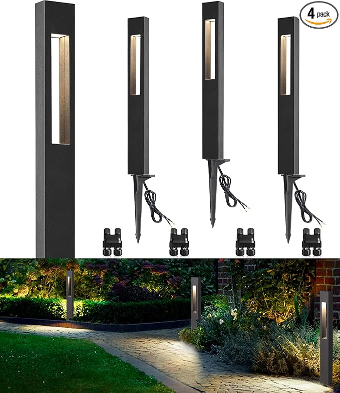 SUNVIE 3W LED Low Voltage Landscape Pathway Lights 3000K Black, 4 Pack | IP65 Waterproof, Modern Design, Anti-Glare, 12-24V AC/DC, Aluminum, Outdoor Landscape Lighting for Walkway, with Connectors