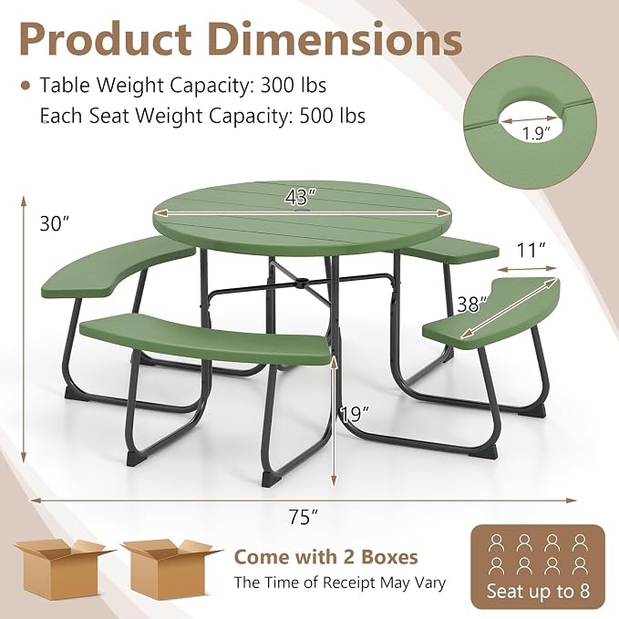 Round Picnic Table for 8 Person, Outside Table Bench Set w/ 4 Built-in Benches, Umbrella Hole, HDPE Top & Metal Frame, 2000LBS Capacity Outdoor Picnic Table for Garden, Porch, Patio (Green)