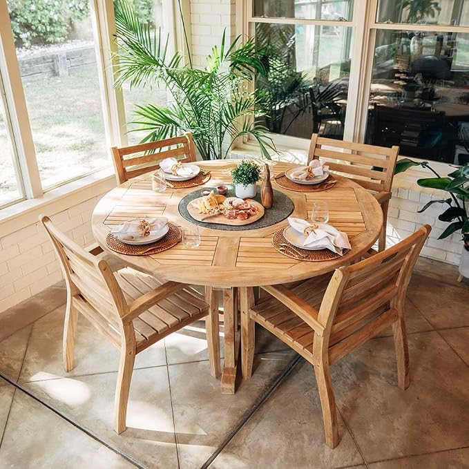 Ash & Ember Grade A Teak 59" Round Dining Table with Granite Lazy Susan, Turntable Rotating Tray Serving Plate, Slatted Surface with Umbrella Hole, Fits 4 People Comfortably, Weather-Resistant
