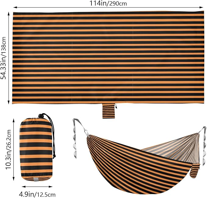 Camping Hammock Outdoor Hammocks for Outside Orange Black Stripe Beach Trees Portable Lightweight with Pockets Tree Straps Indoor