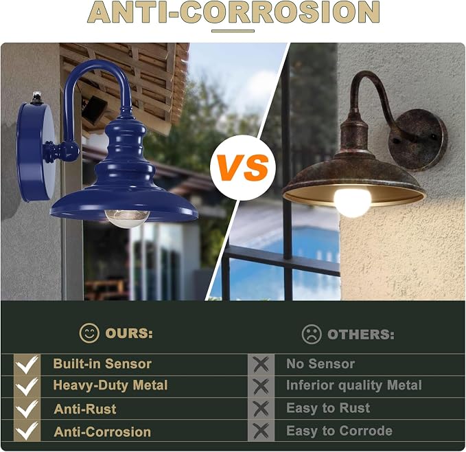 Dusk to Dawn Sensor Outdoor Gooseneck Barn Light Fixtures Blue | Exterior Wall Sconce Lighting Rustic Outside Porch Lantern Farmhouse Wall Mount Lamp for House Garage Patio
