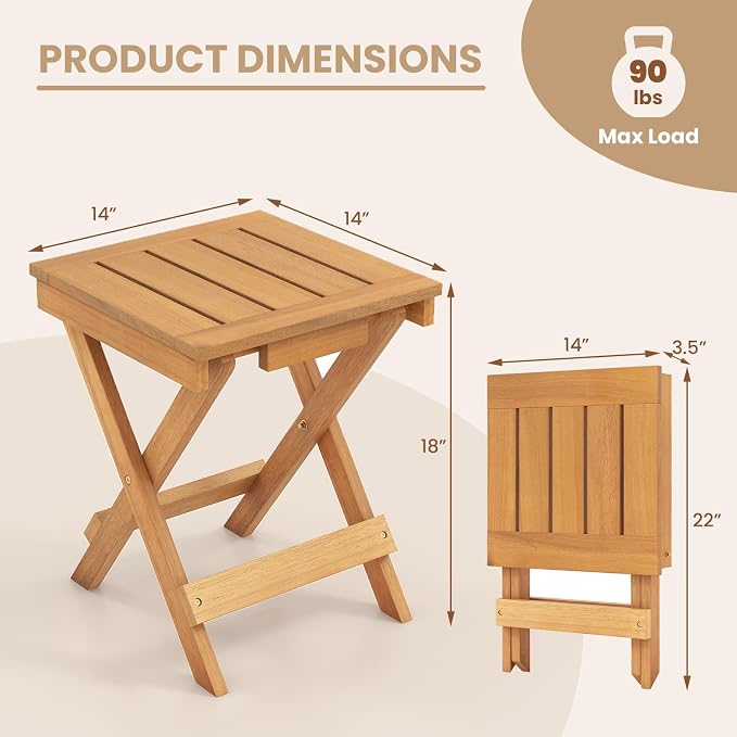 HAPPYGRILL Outdoor Folding Side Table Wood Square End Table with X-Shaped Legs, Slatted Tabletop, 14” Compact Outside Table, Portable & Lightweight Patio Coffee Table for Backyard Picnic Camping