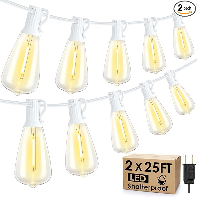 50FT(2x25FT) Outdoor String Lights, Patio Lights with 20+2 LED Dimmable Waterproof ST38 Vintage Bulbs for Wedding Garden Party Decor, White