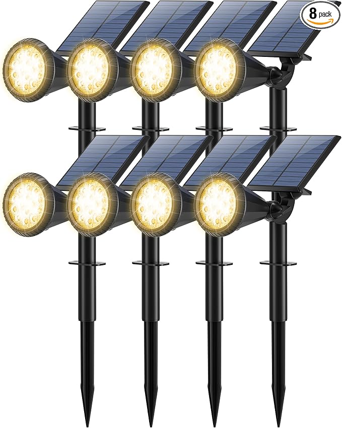Tadyreal 8 Pack Solar Spot Lights Outdoor Waterproof 180 Adjustable Solar Powered Landscape Lights for Yard, Garden, Pathway, Porch, Pool, Wall, 4 Lighting Modes, Warm White