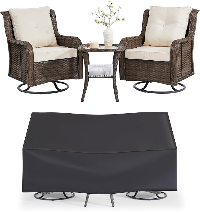 Wumiokio Patio Furniture Sets, 3 Pieces Wicker Outdoor Furniture - 360 Degree Swivel Rocking Chairs and Rattan Side Table for Garden,Porch,Backyard (Brown Wicker/Beige Cushion, 3PCS - Swivel Chairs)