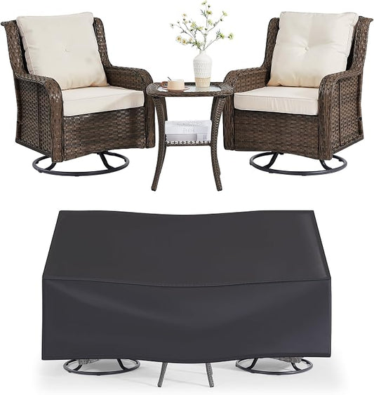 Wumiokio Patio Furniture Sets, 3 Pieces Wicker Outdoor Furniture - 360 Degree Swivel Rocking Chairs and Rattan Side Table for Garden,Porch,Backyard (Brown Wicker/Beige Cushion, 3PCS - Swivel Chairs)