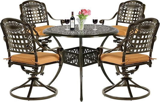 VIVIJASON 5-Piece Outdoor Patio Dining Set, All-Weather Cast Aluminum Conversation Set, Patio Furniture Set for Balcony Lawn Garden, Include 4 Swivel Cushioned Chairs, 1 Round Table w/Umbrella Hole