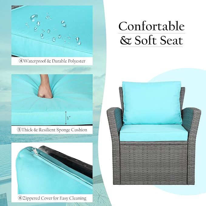 RELAX4LIFE 4 PCS Wicker Patio Furniture Set with Soft Cushions & Tempered Glass Table Outdoor Rattan Sofa Set for Backyard Garden Balcony Poolside Sectional Conversation Couch Set (Turquoise)