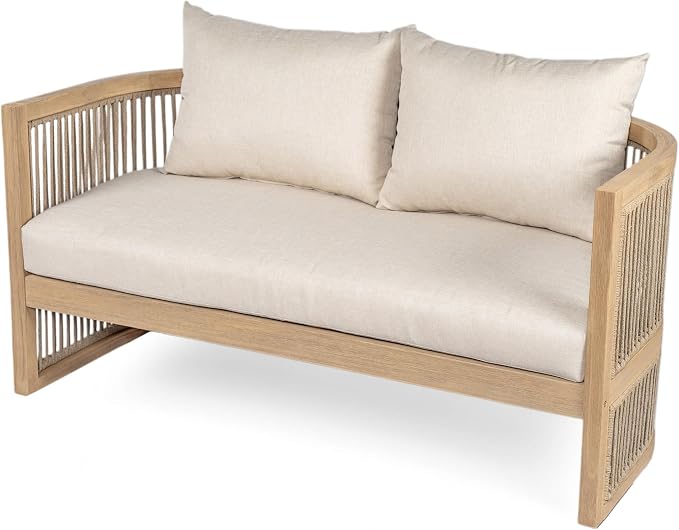 Christopher Knight Home 4-Piece Acacia Wood Patio Furniture Set, Mid-Century Modern Outdoor Conversation Set with Loveseat, Curved Club Chairs, Cushions & MgO Fire Pit for Backyard, Light Teak+White