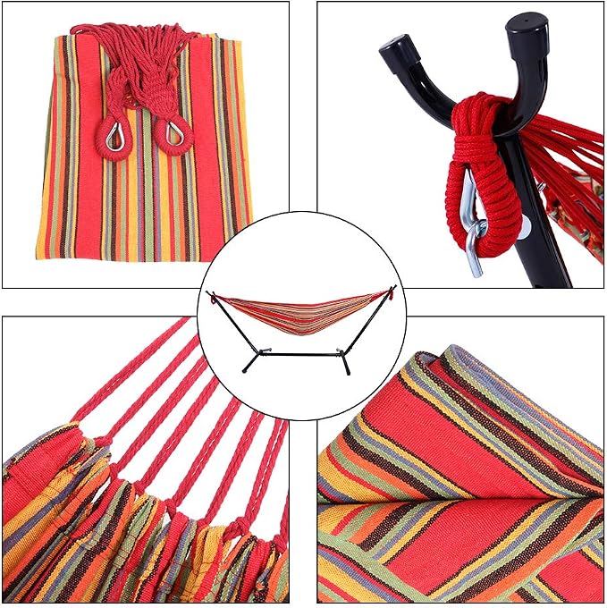 9 Ft Portable Outdoor Hammock Set with Iron Stand, Heavy Duty 2-Person, Polyester, for Backyard and Camping (Red)