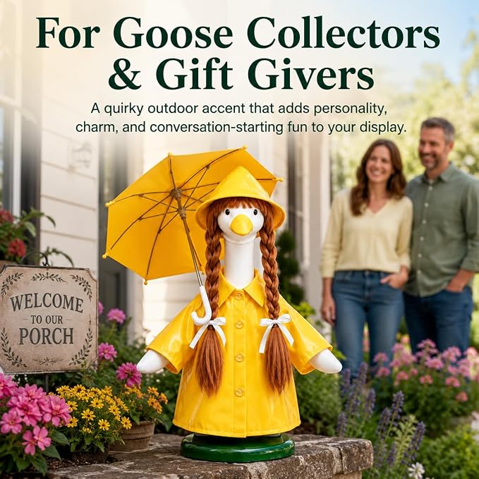 Porch Goose Raincoat Outfit 4 Pieces Summer Porch Goose Outfit with Brown Braided Wig Rain Hat Umbrella Rainy Day Clothes Decor for Lawn Goose Statues