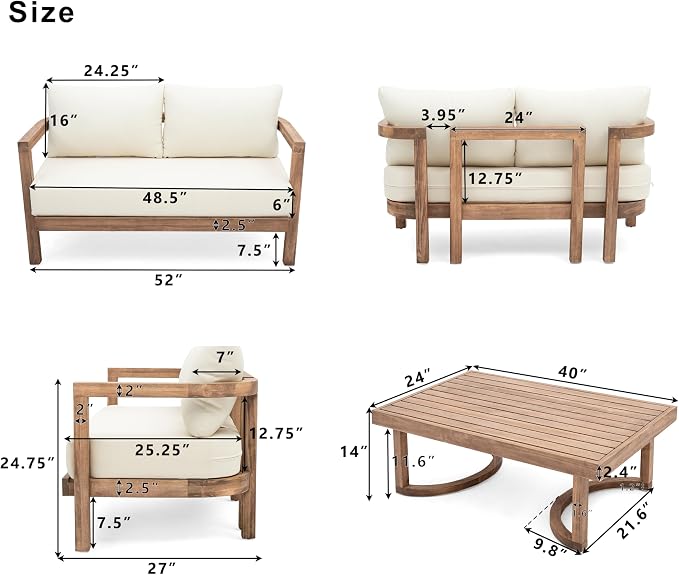 Merax 4-Piece Outdoor Acacia Wood Patio Furniture Conversation Set,Sofa Couch with Coffee Table,for Backyard