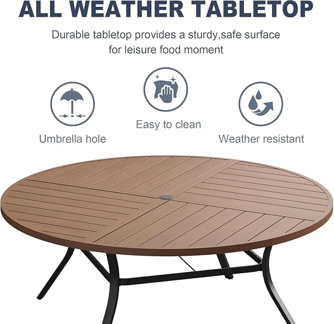 VICLLAX 9 Pieces Patio Outdoor Dining Set, 8 Swivel Textilene Chairs and 60" Round Metal Table with Umbrella Hole for Porch, Deck, Garden, Walnut/Brown