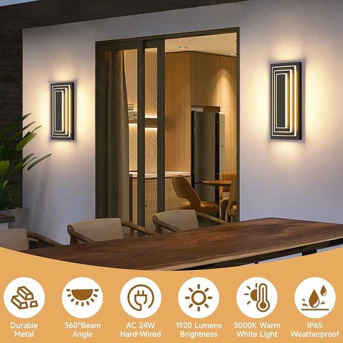 Outdoor Wall Lights,Large Exterior Lighting Fixtures 15.7 in,24 W | 3-Tier Black Modern Wall Sconce,LED Front Porch Lights, Waterproof,3000K Warm White,Metal,Acrylic,1 Pack