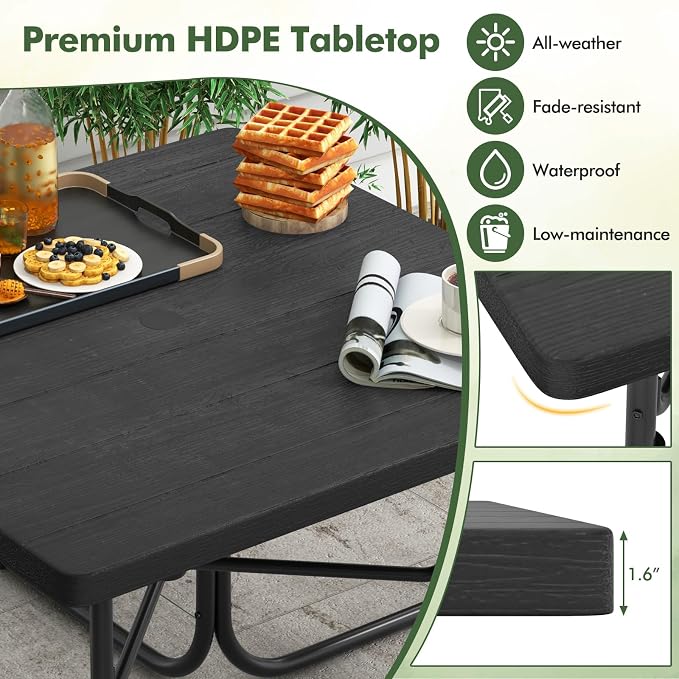 HAPPYGRILL 4-8 Person Square Picnic Table Bench Set with Umbrella Hole, Outdoor Camping Table with HDPE Material and Sturdy Metal Frame for Patio, Garden and Backyard, Black