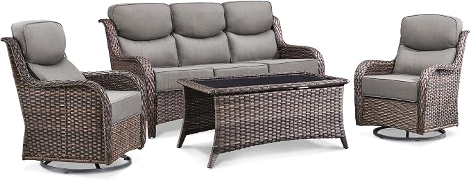 Luxury 4 Pieces Patio Furniture Set-Outdoor Swivel Rocker Patio Chairs with 6" Extra Thick Cushions, High Back Outdoor Couch and Coffee Table, Wicker Conversation Sets for Porch Deck(Brown/Grey)