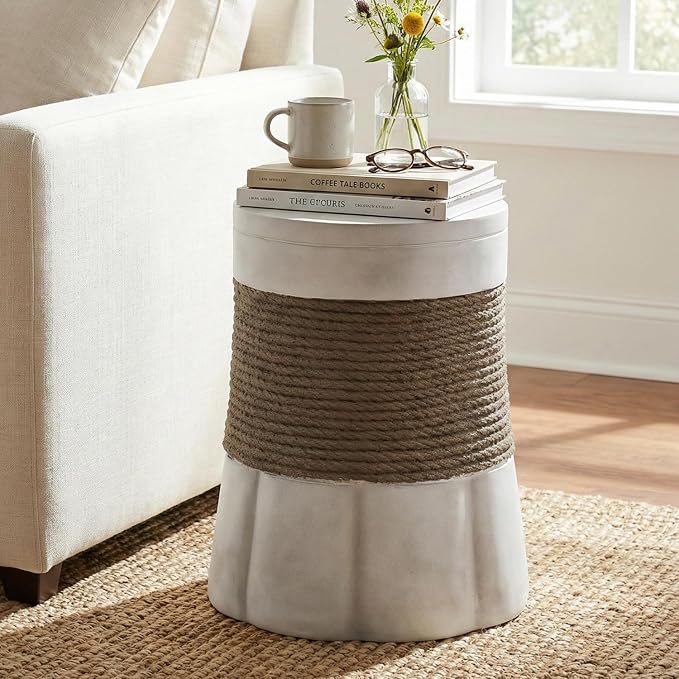 Outdoor Side Table Round Concrete Side Tables with Brown Woven Rope Decor,MGO Fan-Shape Patio End Table for Living Room Garden Balcony,Fully Assembled,Light Gray