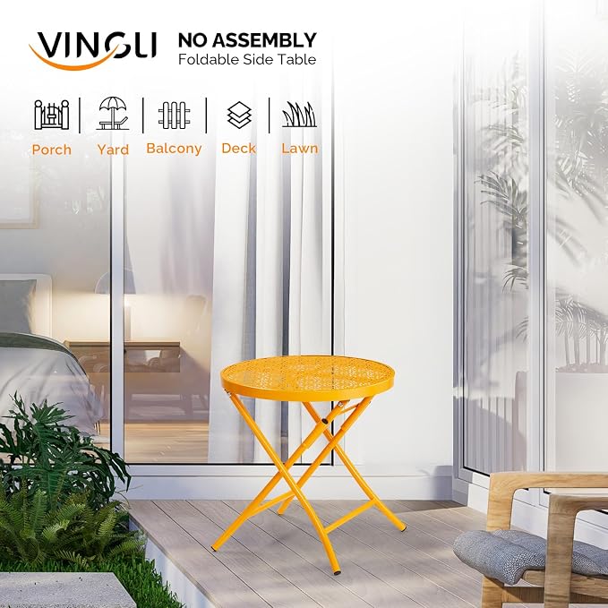 VINGLI Outdoor Folding Side Table with Chic Hollow Pattern and Durable, Rust-Resistant Coated Iron Patio Bistro Table Suitable for Indoor & Outdoor Porch, Deck, Balcony and Pool,Yellow