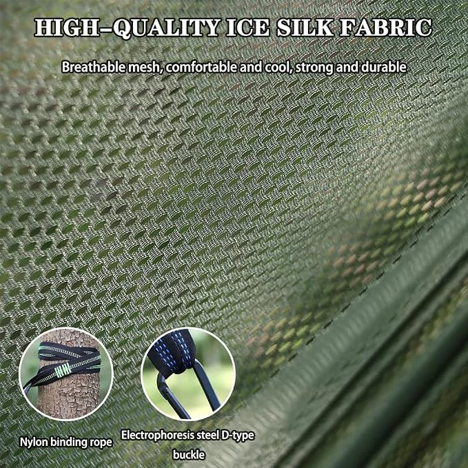 Summer Breathable Ice Silk Hammock, Outdoor Portable Double Hanging Bed, Park Leisure Swing with Straps, Load Bearing 300kg/661.4lbs(Military Green)