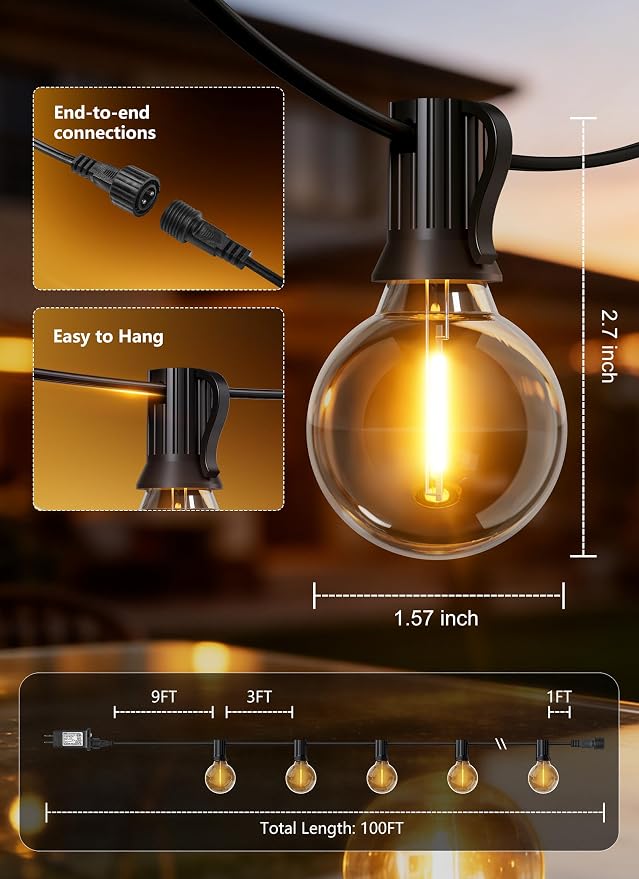 100Ft Outdoor String Lights with Remote, Dimmable G40 LED Bulbs, Waterproof | Shatterproof Connectable Hanging Patio Lights for Porch, Backyard, Bistro, Deck, Balcony, Home, Garden Decor