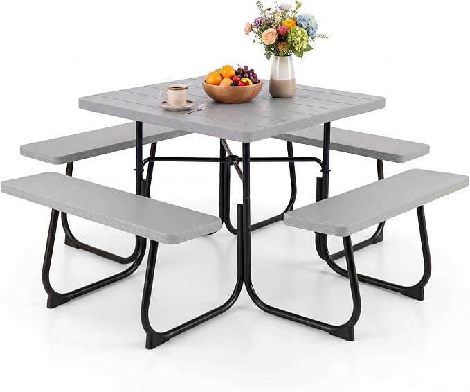 GYMAX Picnic Table Bench with Umbrella Hole, 8 Person Square Outdoor Picnic Table with Metal Frame & HDPE Tabletop, Camping Table for BBQ Yard Patio, 2300LBS Capacity (Gray)