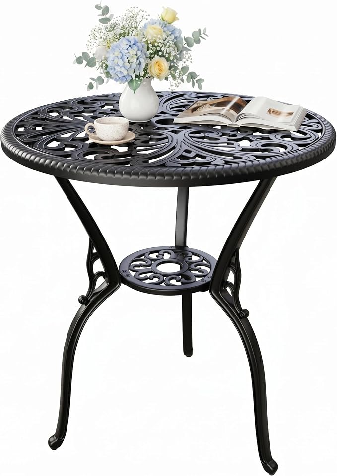 GAOMON 23" Cast Aluminum Patio Bistro Table with Umbrella Hole, Outdoor Round Coffee Bistro Side Table, Anti-Rust Outdoor Furniture for Backyard, Garden, Porch, Pool, Balcony, Black