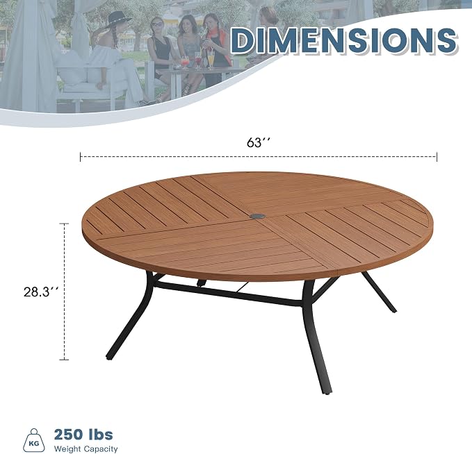DIFY 63" Round Outdoor Patio Dining Table for 8-10, All-Weather Metal Steel Slatted Patio Table with 1.57" Adjustable Umbrella Hole for Garden, Backyard, Deck, Walnut