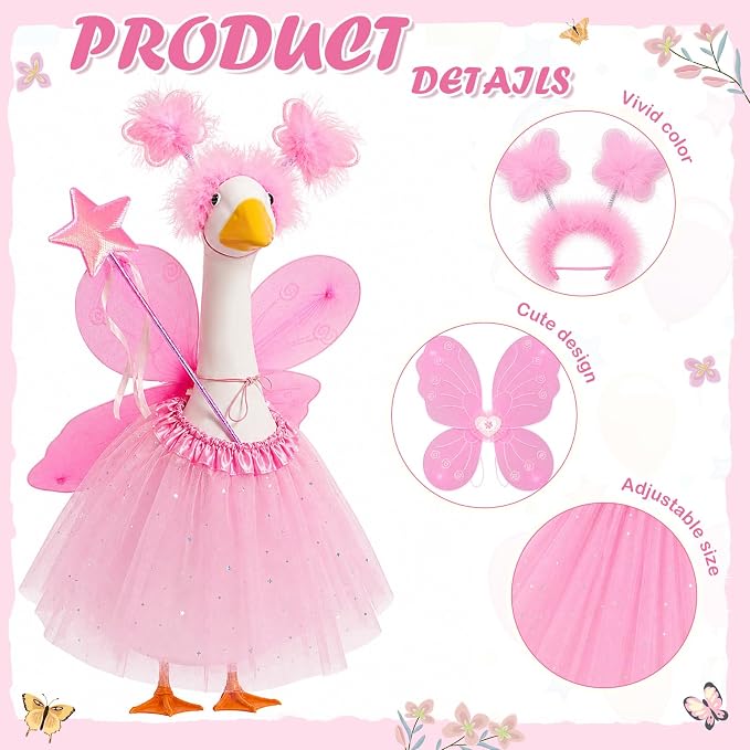 5pcs Butterfly Porch Goose Outfit Costume Tutu Skirt Butterfly Wing Wand Flower Crown for 17‘' 23‘' Cement Goose