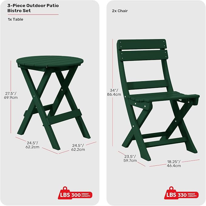 Costaelm Outdoor Bistro Table and Chairs Set of 2, Round Portable Folding Bar Height Barstool Set of 3, Tall Balcony Pub High Top Table 3 piece Patio Set for Deck, Backyard, Garden, Dark Green