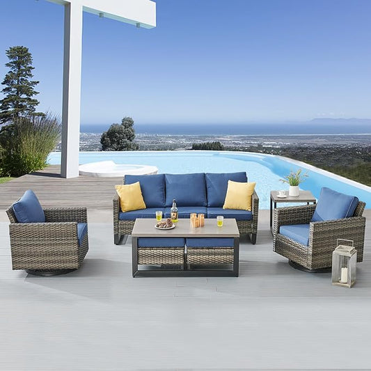Belord 7 Piece Outdoor Furniture Patio Wicker Sofa Set, Oversize Outdoor Swivel Rocker Chairs with Rattan Ottomans, Conversation Sets Patio Furniture Come with Removable Washable Cushion Blue