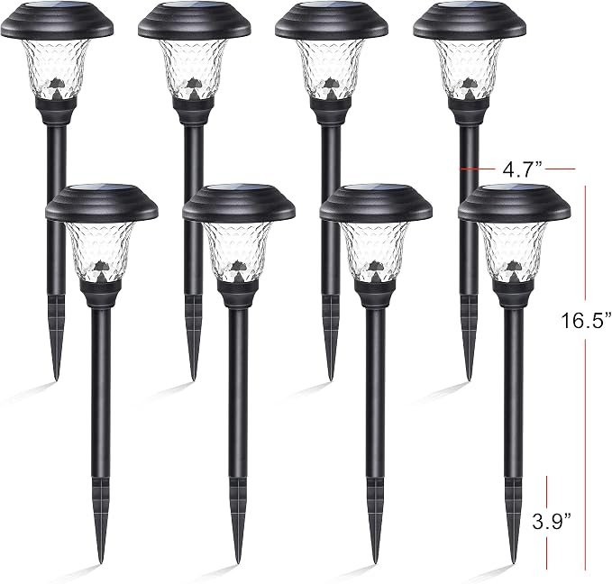 GIGALUMI Metal & Glass Solar Lights Outdoor, 8 Pack LED Garden Lights | Solar Pathway Lights Waterproof IP65, Warm White Landscape Path Lights, Garden Decor for Yard, Patio, Walkway (Black)