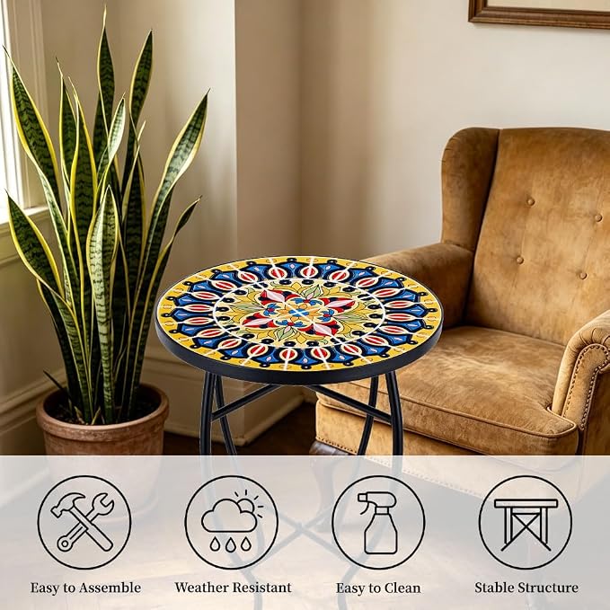 14 Inch Mosaic Patio Side Table with X-Curved Legs, Indoor Outdoor Accent Round End Table with Ceramic Tile Tops for Yard, Garden, Living Room, Bistro, C - Grand Mandala