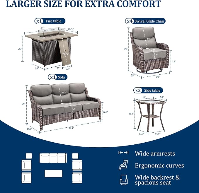 Luxury Swivel Rocker Chairs Fire Pit Set with 6" Thick Cushion 8 piece Wicker Outdoor Patio Chair with Sofa and Side Table,Comfortable High Back Outdoor Patio Furniture Set - Brown | Gery