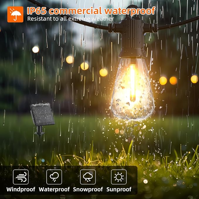 Kawaya Solar Powered String Lights: 50 FT LED Outdoor Patio Hanging Lights with 25+2 Edison Bulbs - USB-Charging - IP65 Waterproof Shatterproof Edison Bulbs for Bistro Cafe Camp Yard Balcony