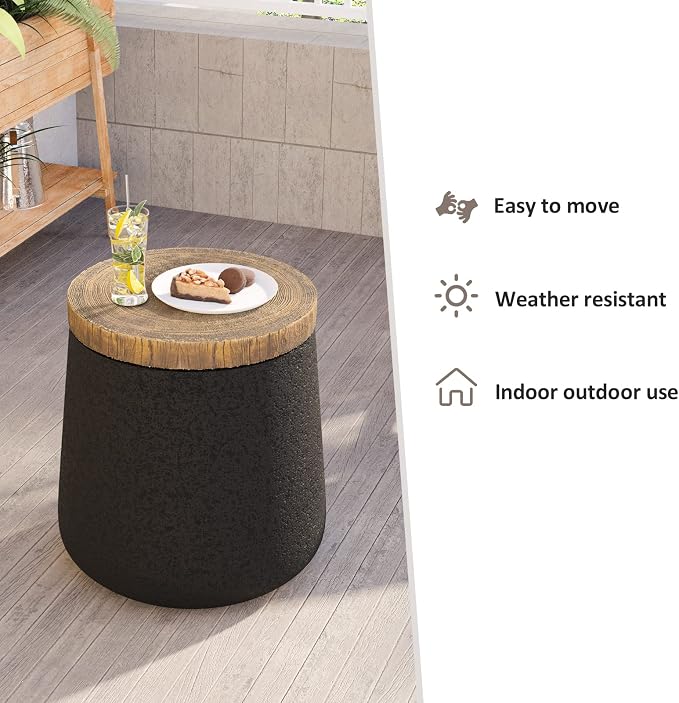 HOMPUS Outdoor Concrete Side Table, Modern Cylinder Pedestal End Table, Home Decor Small Accent Table w Wood Grain Top, Multi-Functional Round MgO Coffee Table, Round Planter Stand for Garden, Black