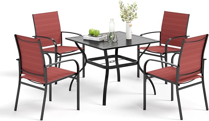 MIXPATIO 5 Pieces Patio Table and Chairs Set, 4 Person Outdoor Dining Furniture Set, 4 Red Textilene Chairs and 37" Square Metal Table with Umbrella Hole, for Deck Backyard Lawn