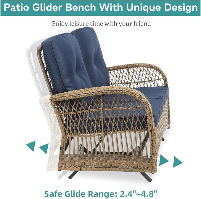 MEETWARM 5 Pieces Outdoor Wicker Patio Conversation Sets with Glider Loveseat, 2 Chairs with 2 Glass-Top Coffee Table Wicker Rocking Glider Set, Wicker Conversation Set w/Thickened Cushions, Navy Blue
